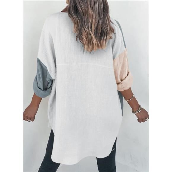 Women's Color Block Button Down Shirts Long Sleeve Polo Oversized‎ Blouses Tops - Picture 2 of 5